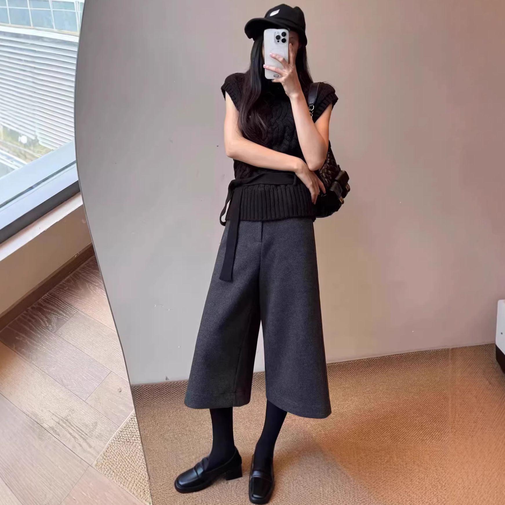 灰色毛呢高腰顯瘦休閒百搭a字7分闊腿褲