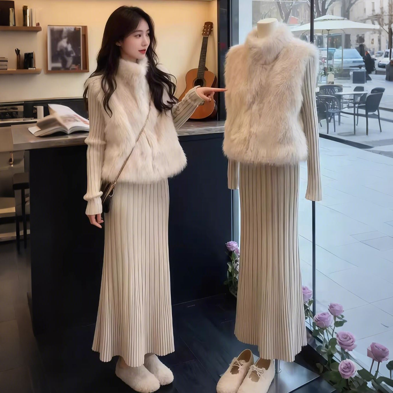 【單件/套裝】網紅韓風百搭顯瘦毛毛馬甲+杏色連衣裙兩件套裝