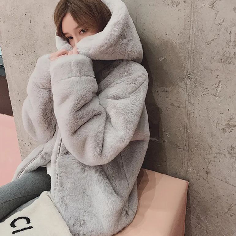 寬鬆慵懶連帽刷毛仿皮草加厚羊羔毛絨外套