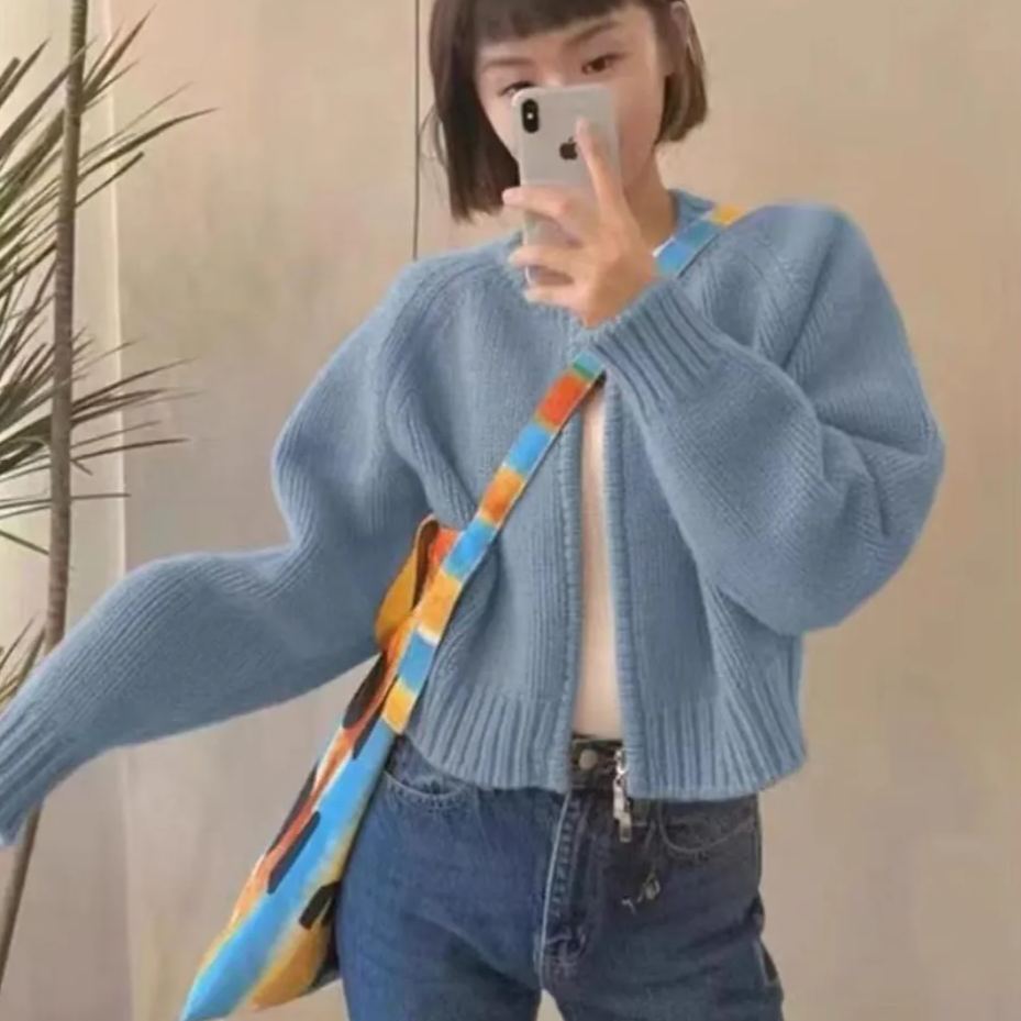 休閒百搭寬鬆拉鍊長袖針織開衫-Cicichill