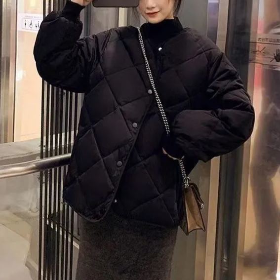 小香風無領菱形格內搭輕薄短版棉服外套