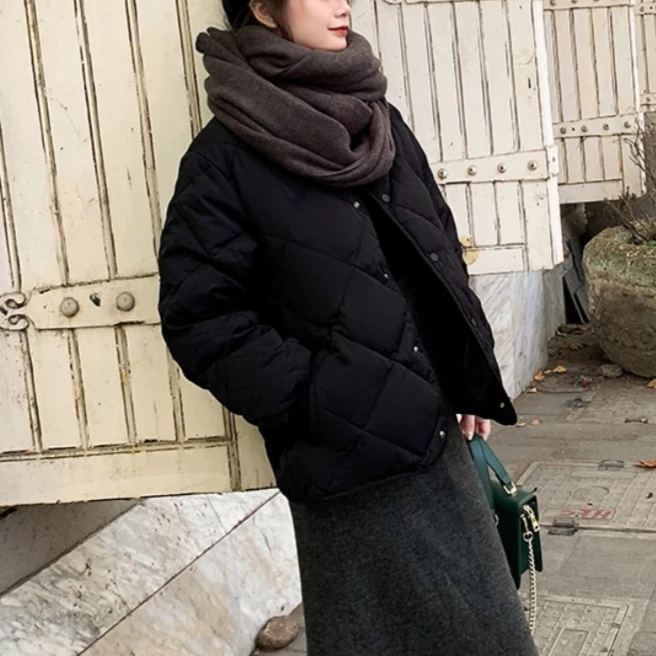 小香風無領菱形格內搭輕薄短版棉服外套