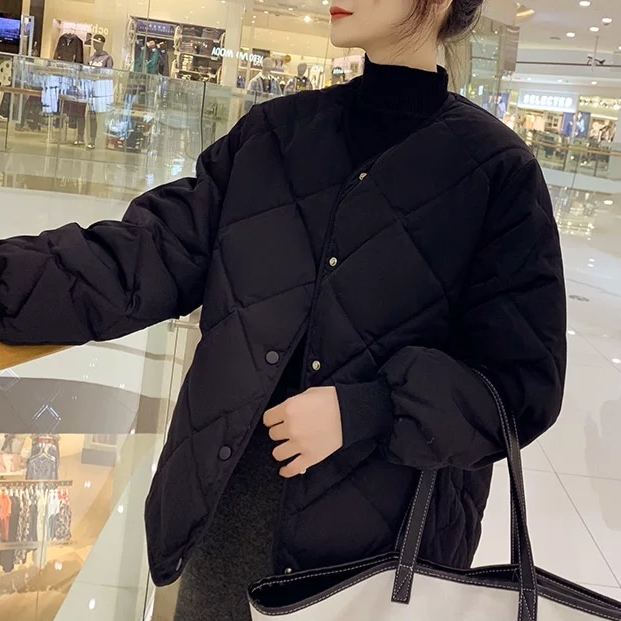 小香風無領菱形格內搭輕薄短版棉服外套