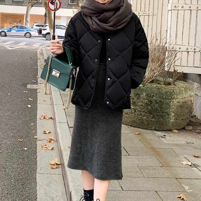 小香風無領菱形格內搭輕薄短版棉服外套