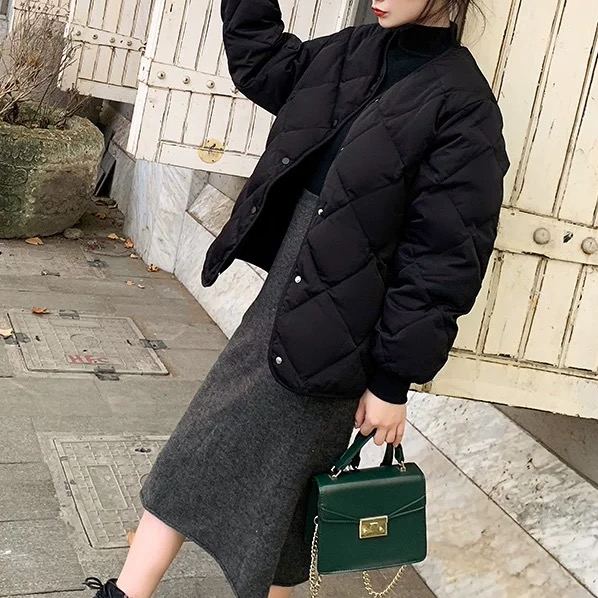 小香風無領菱形格內搭輕薄短版棉服外套