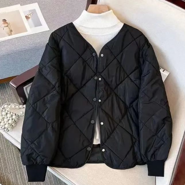 小香風無領菱形格內搭輕薄短版棉服外套