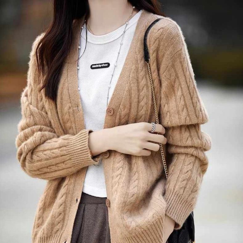 韓版復古麻花寬鬆長袖素色V領針織開衫