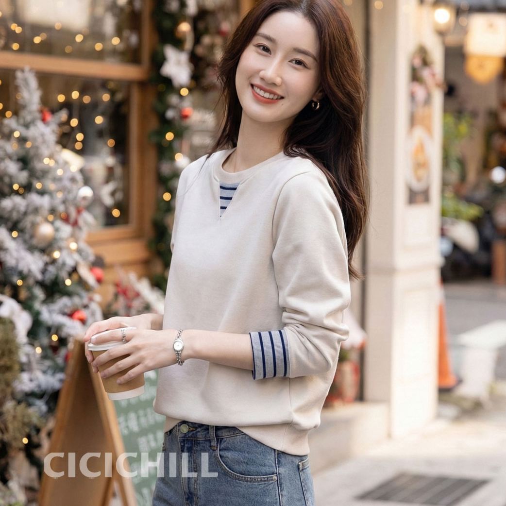 慵懶風寬鬆藏肉舒適時髦撞色袖口長袖T恤