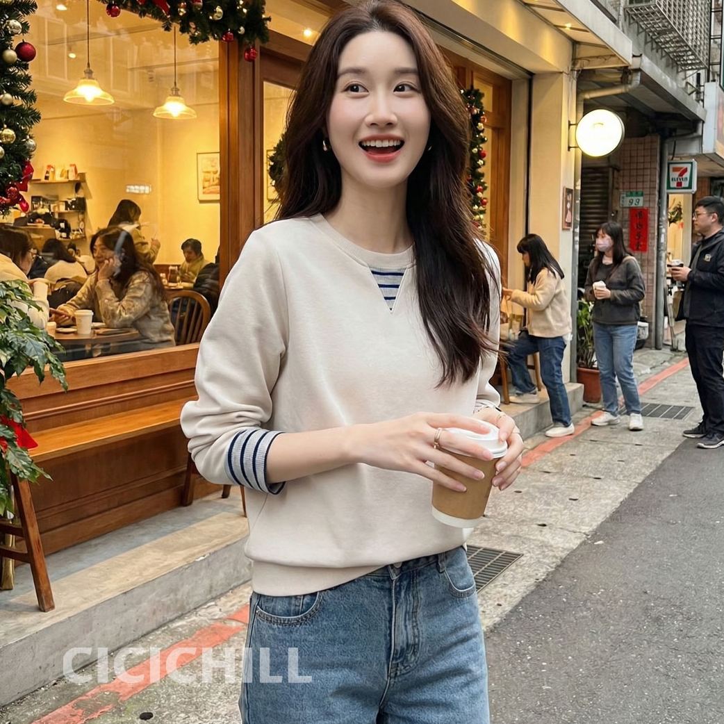 慵懶風寬鬆藏肉舒適時髦撞色袖口長袖T恤