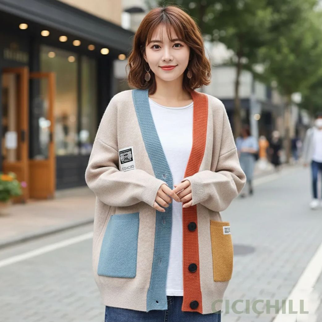 拼色寬鬆長袖羊毛休閒文藝加厚系扣針織開衫