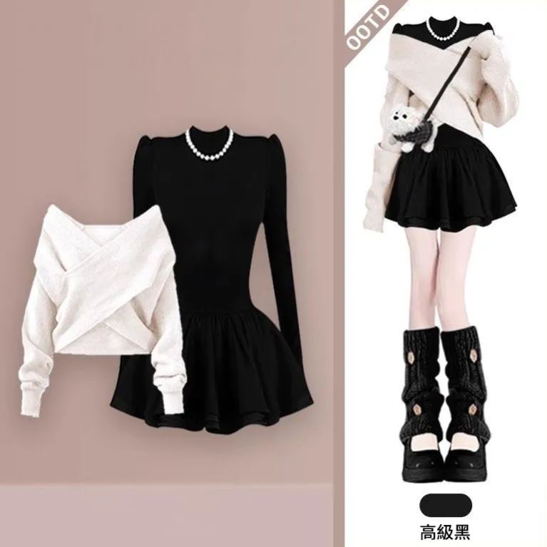 【單件/套裝】氛圍感穿搭小香風紅色毛衣+黑色洋裝兩件套裝