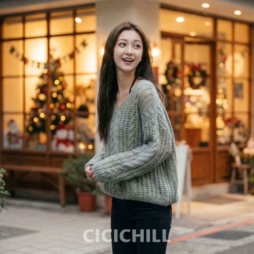 法式軟糯V領鏤空慵懶風寬鬆長袖針織衫