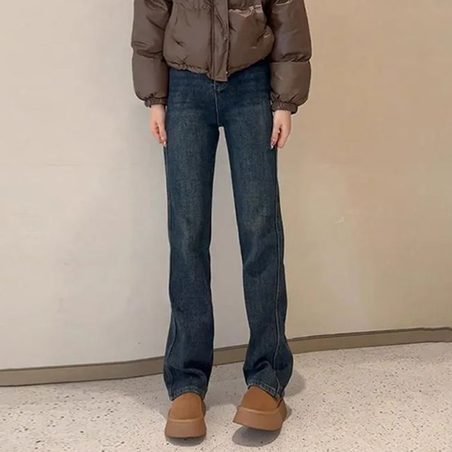窄版美式高街刷毛彈力高腰顯瘦牛仔褲