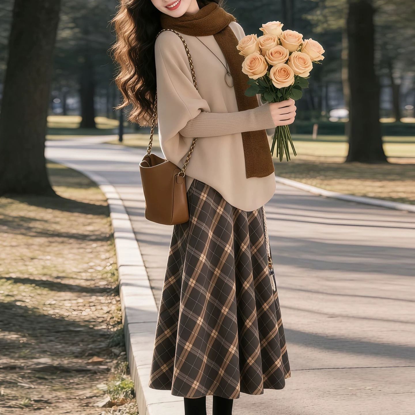 【單件/套裝】復古氣質長袖毛衣+格紋半身裙兩件套裝