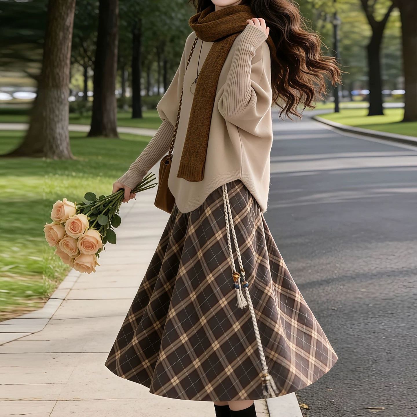 【單件/套裝】復古氣質長袖毛衣+格紋半身裙兩件套裝