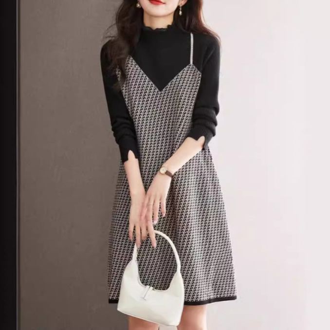 小香風千鳥格內搭中長版針織打底裙法式洋裝