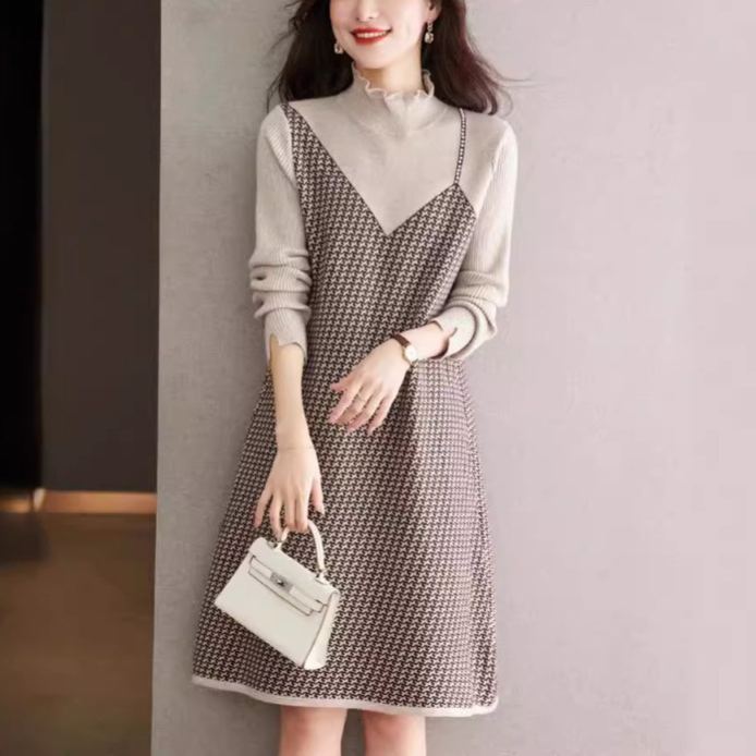 小香風千鳥格內搭中長版針織打底裙法式洋裝