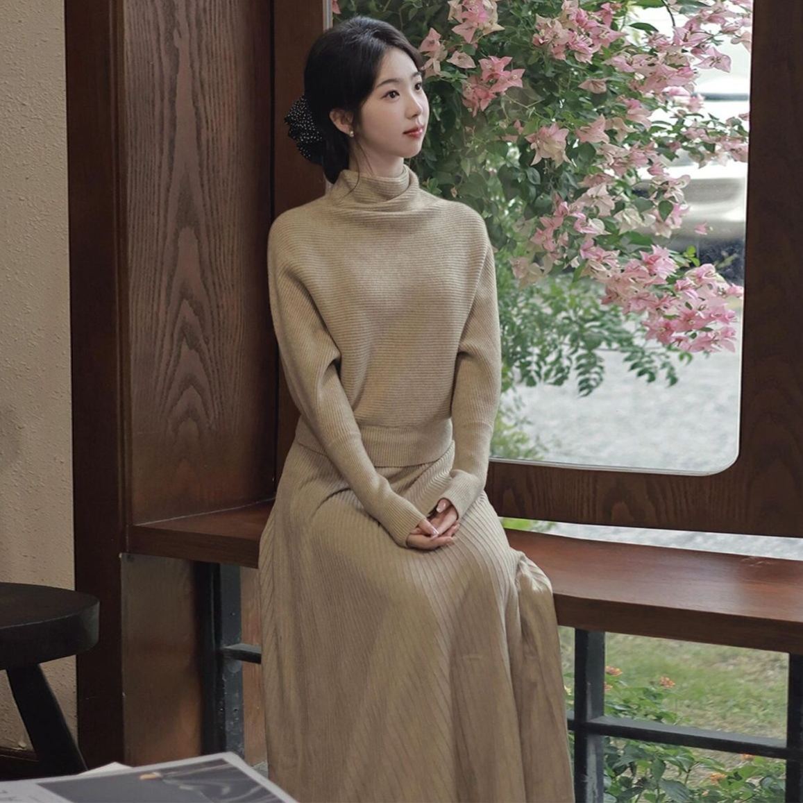 【單件/套裝】小香風法式高領針織毛衣+高腰半身長裙兩件套