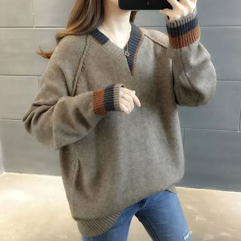 韓版寬鬆顯瘦外穿套頭針織打底v領毛衣