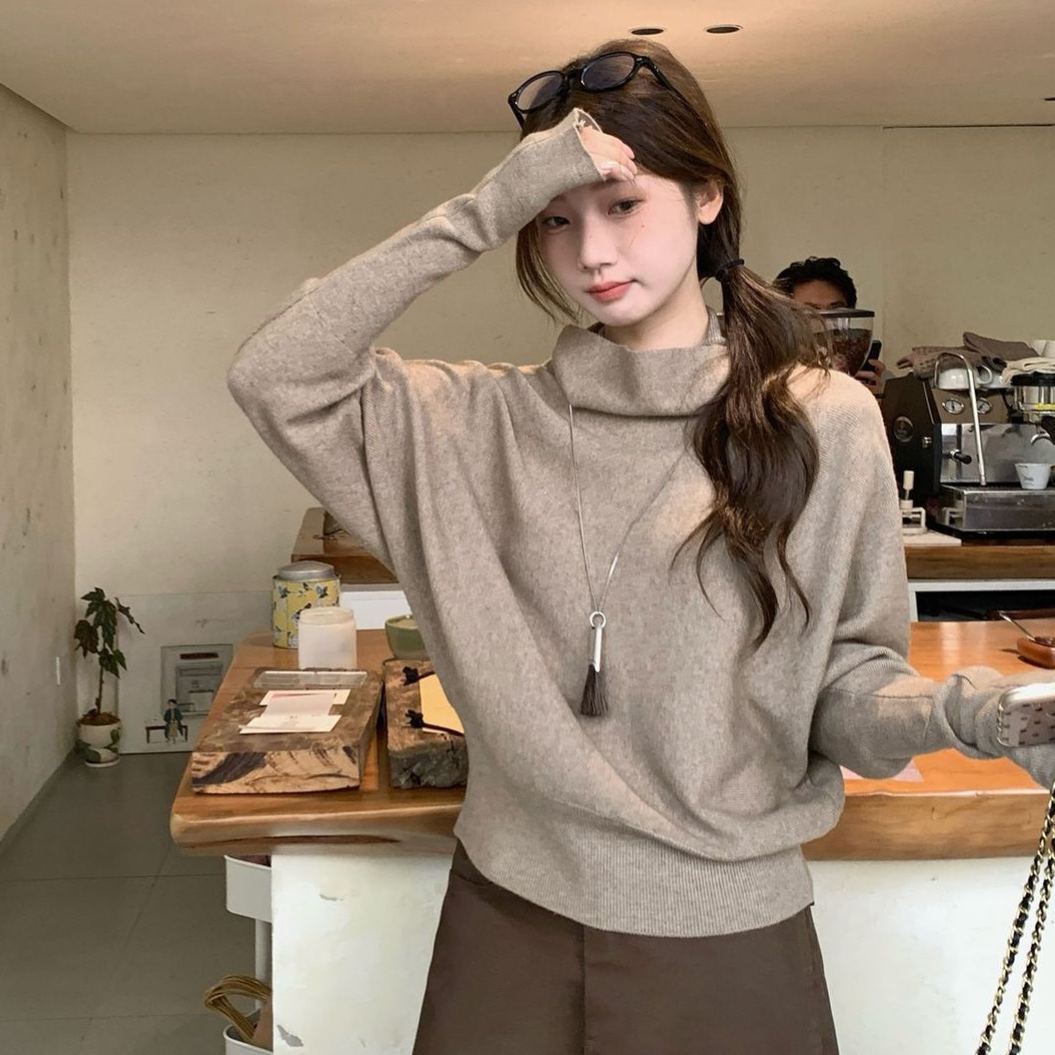 氣質百搭高領蝙蝠袖通勤收腰顯瘦打底針織衫
