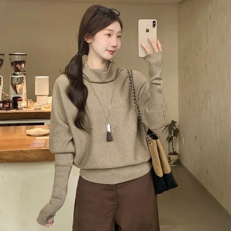 氣質百搭高領蝙蝠袖通勤收腰顯瘦打底針織衫