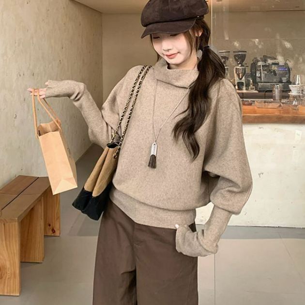 氣質百搭高領蝙蝠袖通勤收腰顯瘦打底針織衫