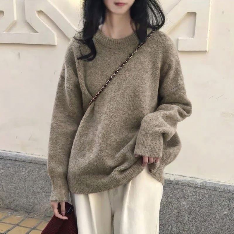 日系慵懶溫柔軟糯素色圓領針織衫