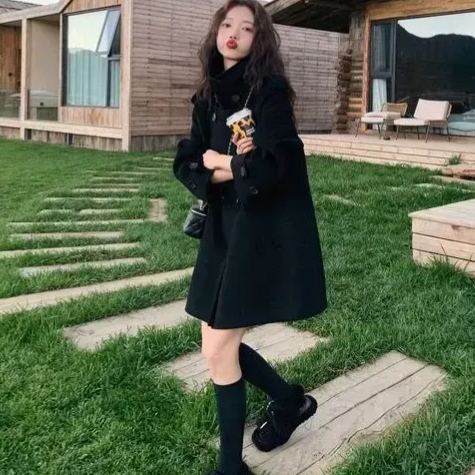 斗篷毛呢赫本風韓系加厚中長款外套