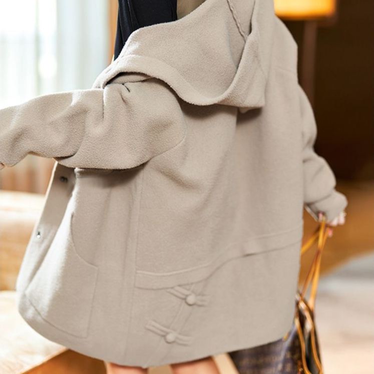 韓版百搭休閒雙面呢子寬鬆中長款連帽外套-Cicichill