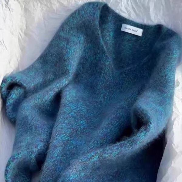 高級感減齡花紗寬鬆大碼V領針織衫