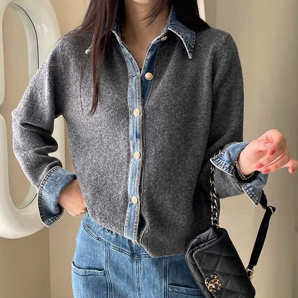 韓系設計感時尚牛仔拼接寬鬆針織開衫