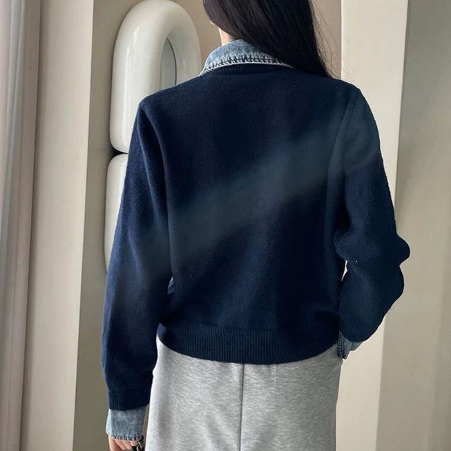 韓系設計感時尚牛仔拼接寬鬆針織開衫