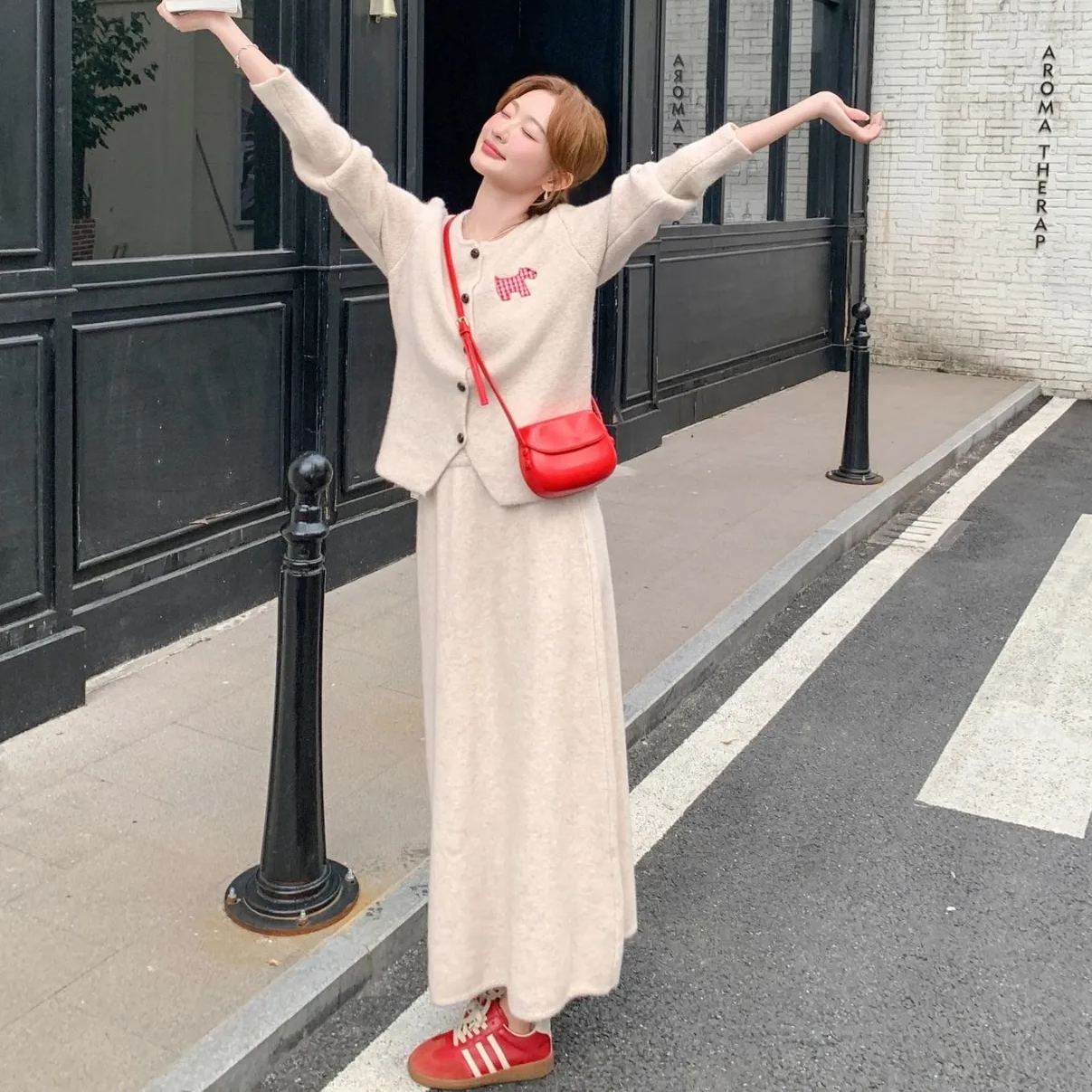 【整套】韓系減齡圓領學院風針織開衫+半身裙兩件套裝