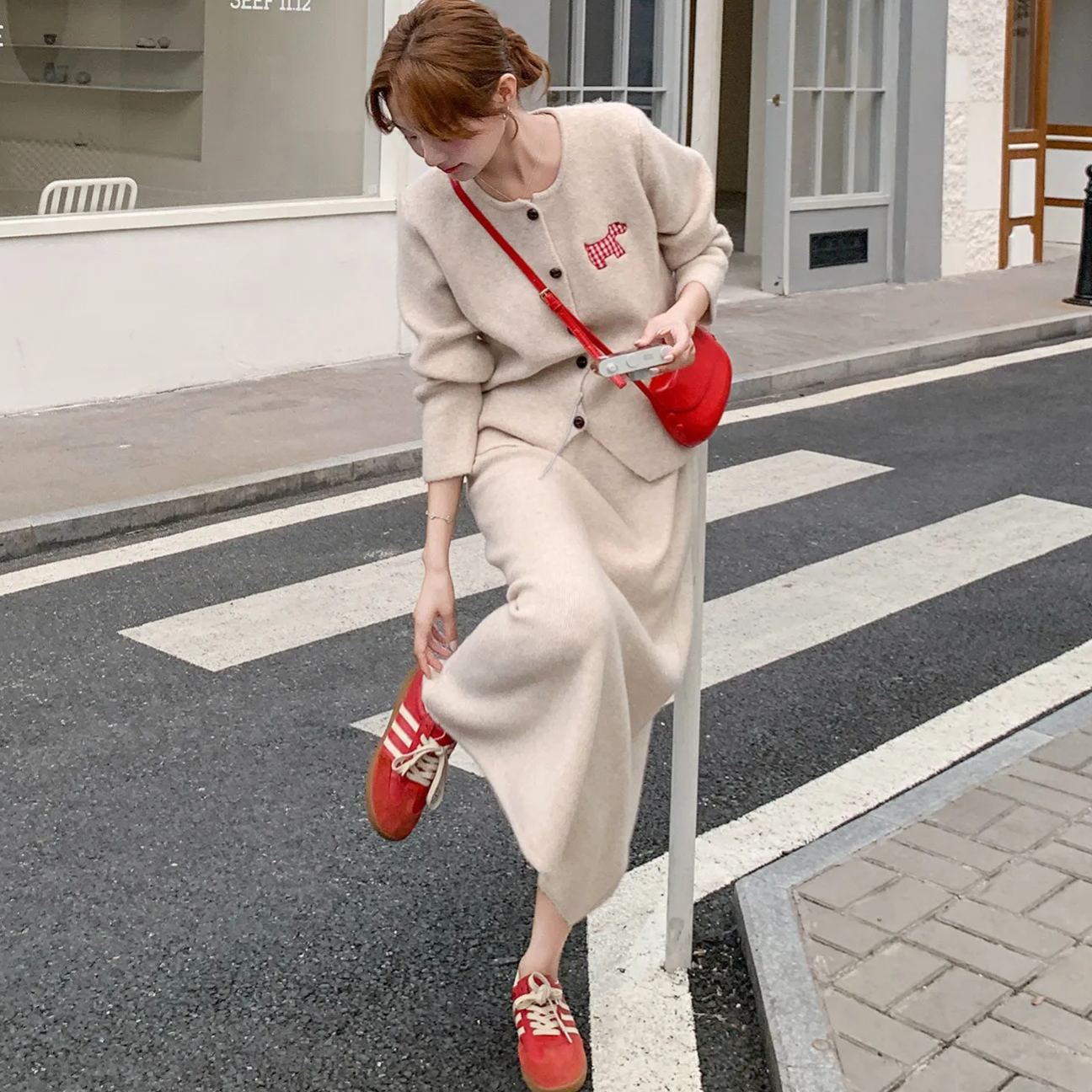 【整套】韓系減齡圓領學院風針織開衫+半身裙兩件套裝