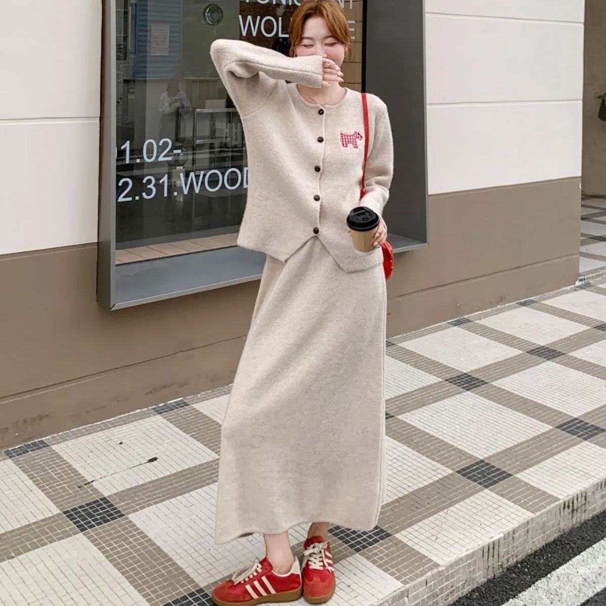 【整套】韓系減齡圓領學院風針織開衫+半身裙兩件套裝