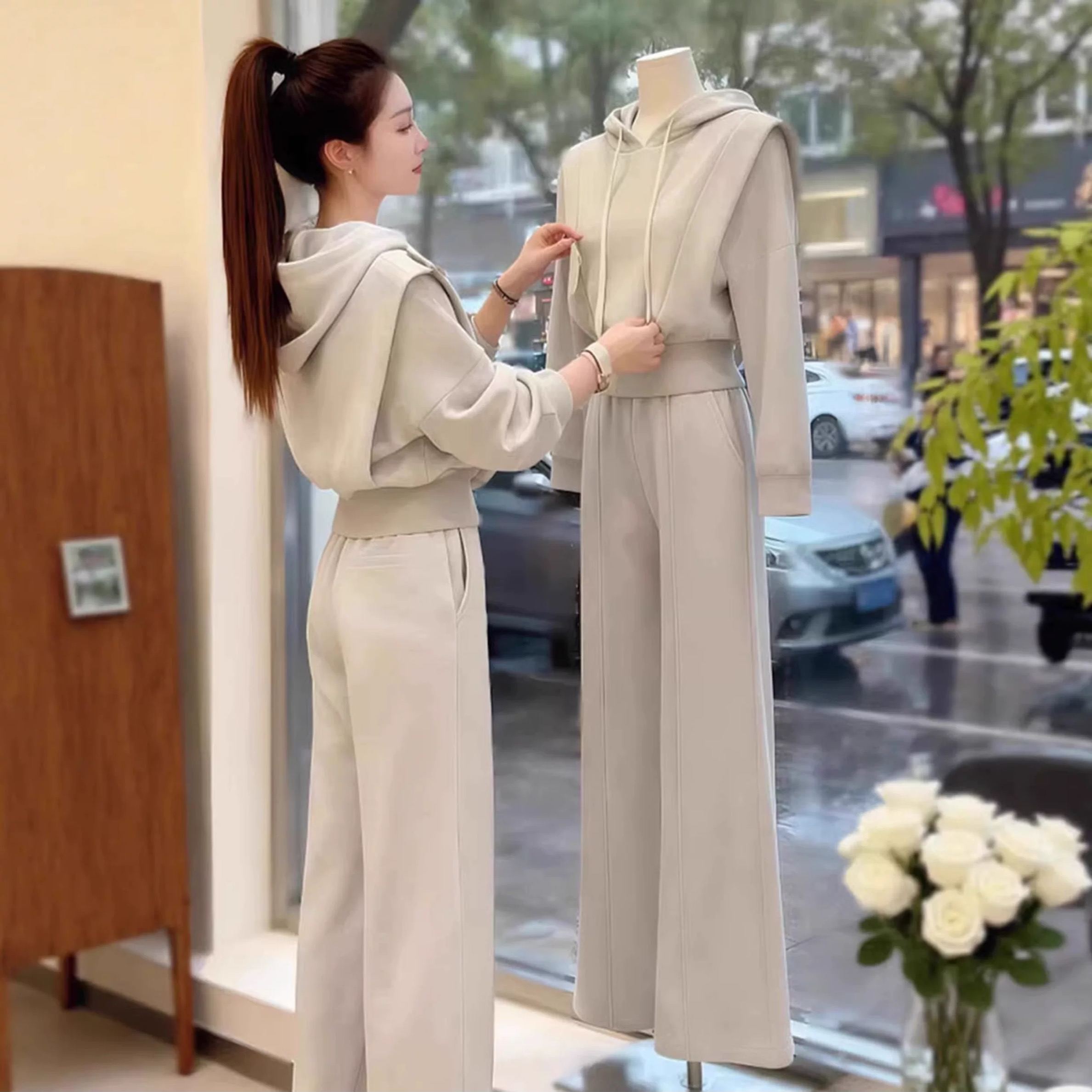 【整套】韓版大碼加絨拼接連帽衛衣+休閒褲兩件套