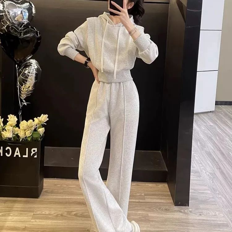 【整套】韓版大碼加絨拼接連帽衛衣+休閒褲兩件套