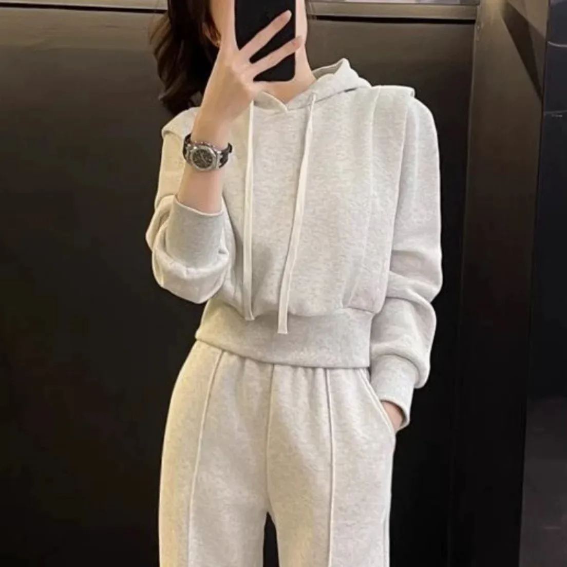 【整套】韓版大碼加絨拼接連帽衛衣+休閒褲兩件套