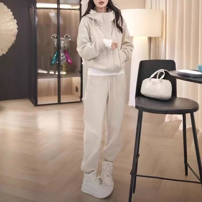 【整套】加厚刷毛時尚長袖連帽外套+休閒束脚褲兩件套裝