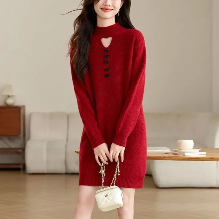 寬鬆加厚半高領時尚百搭中長版針織毛衣裙