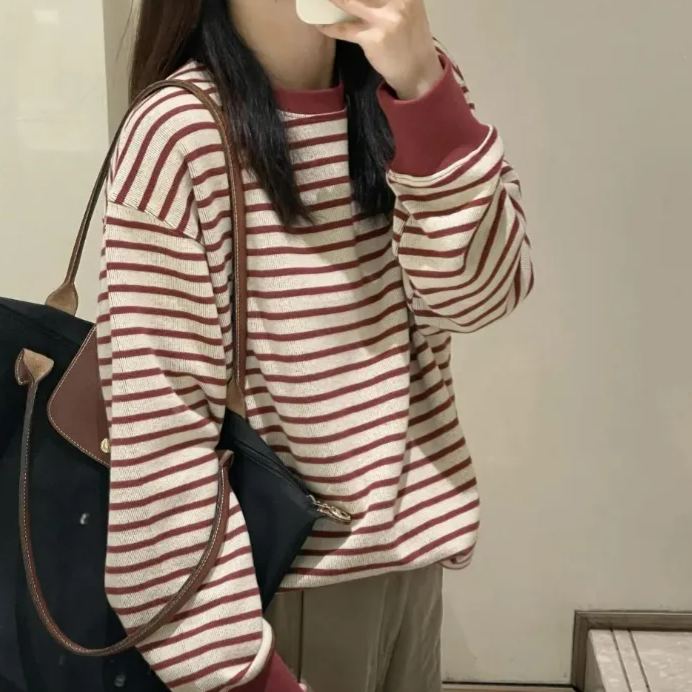 美式復古撞色條紋休閒設計感寬鬆長袖T恤