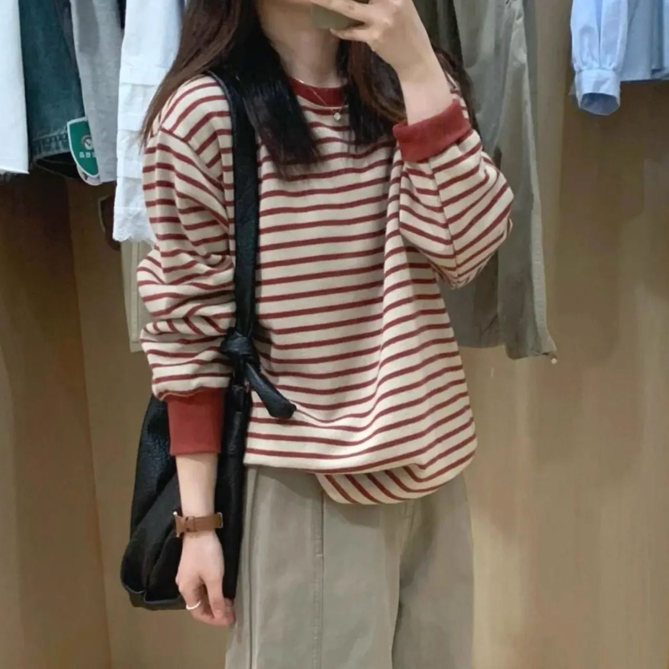 美式復古撞色條紋休閒設計感寬鬆長袖T恤