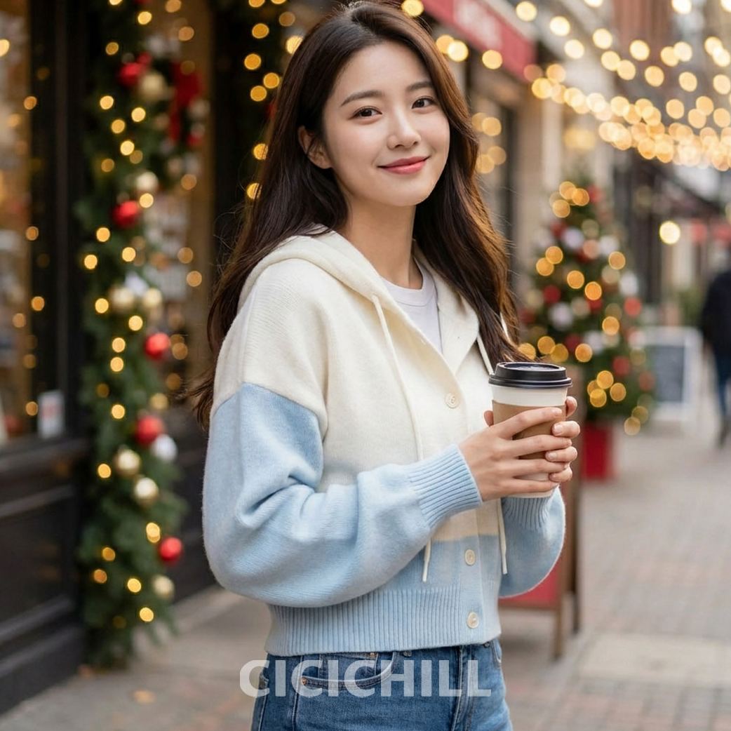 寬鬆連帽羊毛撞色紐扣針織開衫