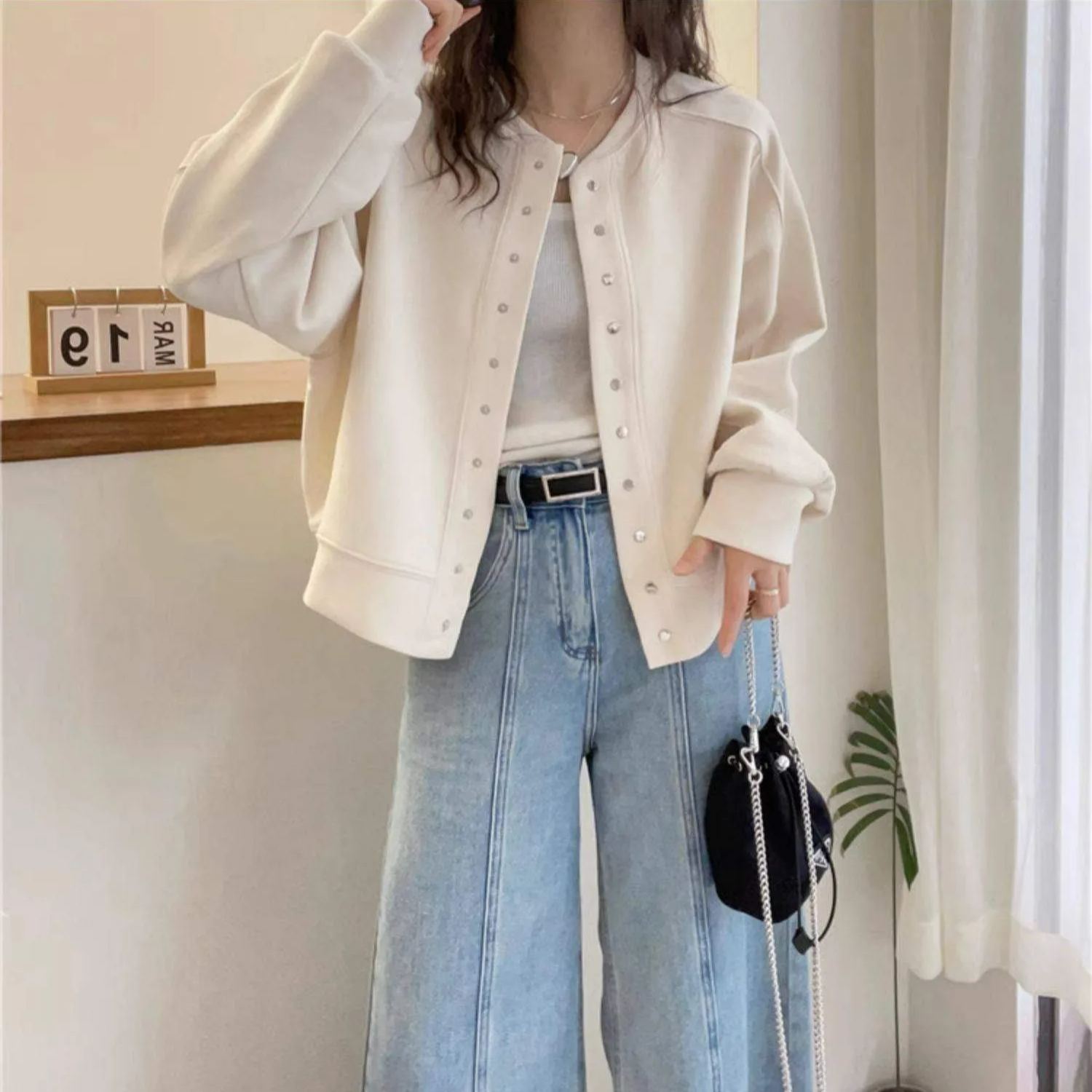 寬鬆百搭純棉短版棒球服單排扣夾克外套