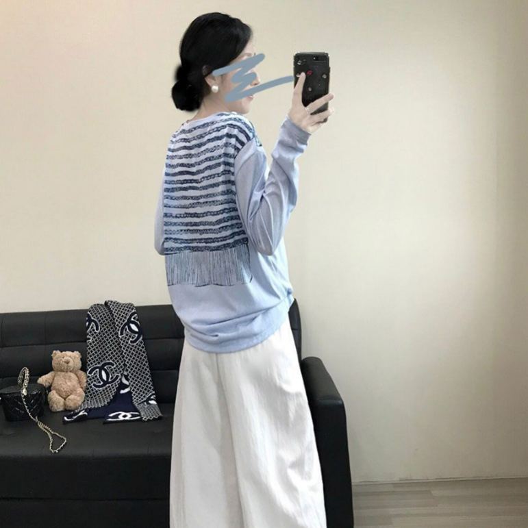 薄款寬鬆休閒百搭圍巾印花圓領長袖T恤