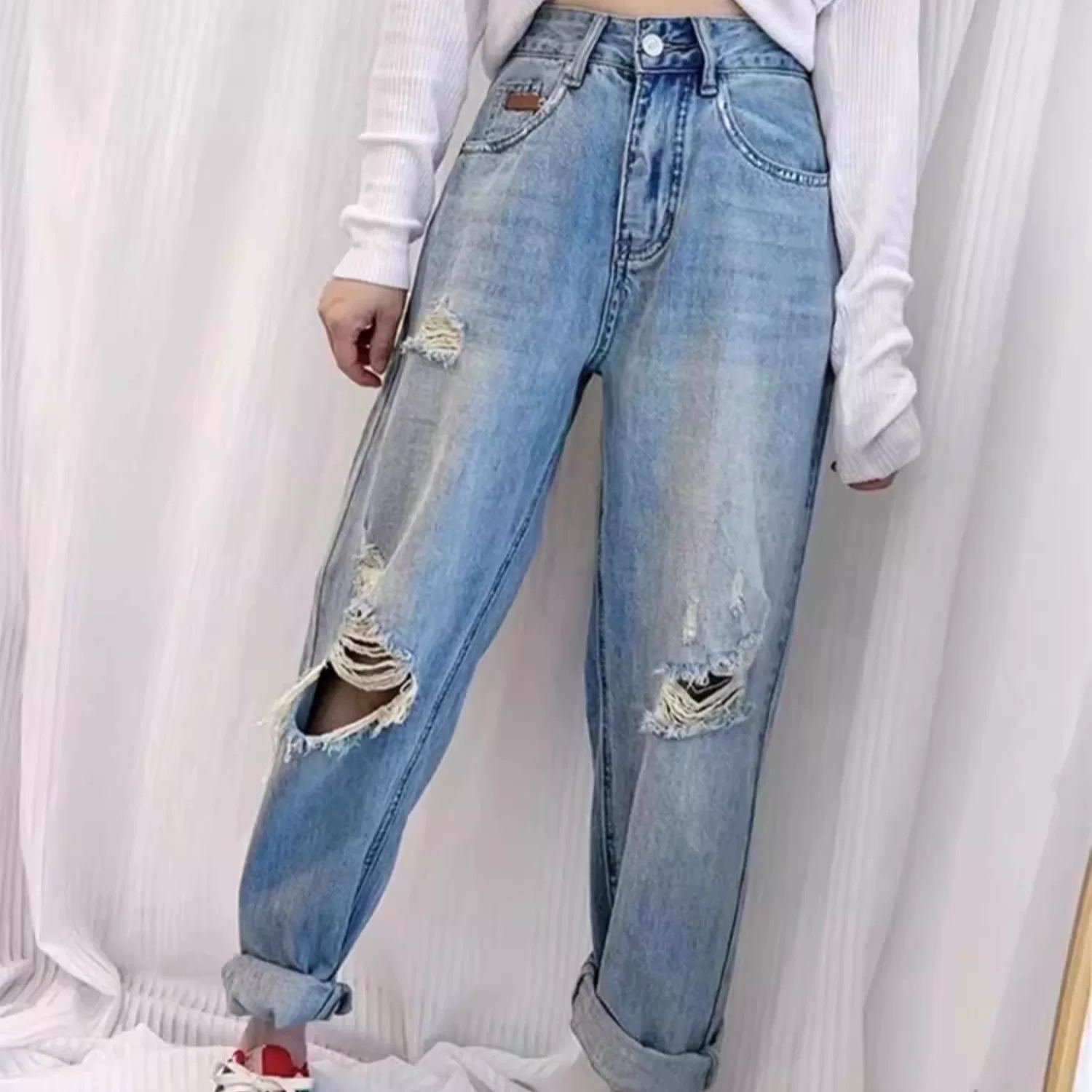 大碼時尚寬鬆破洞薄款顯瘦九分哈倫牛仔褲