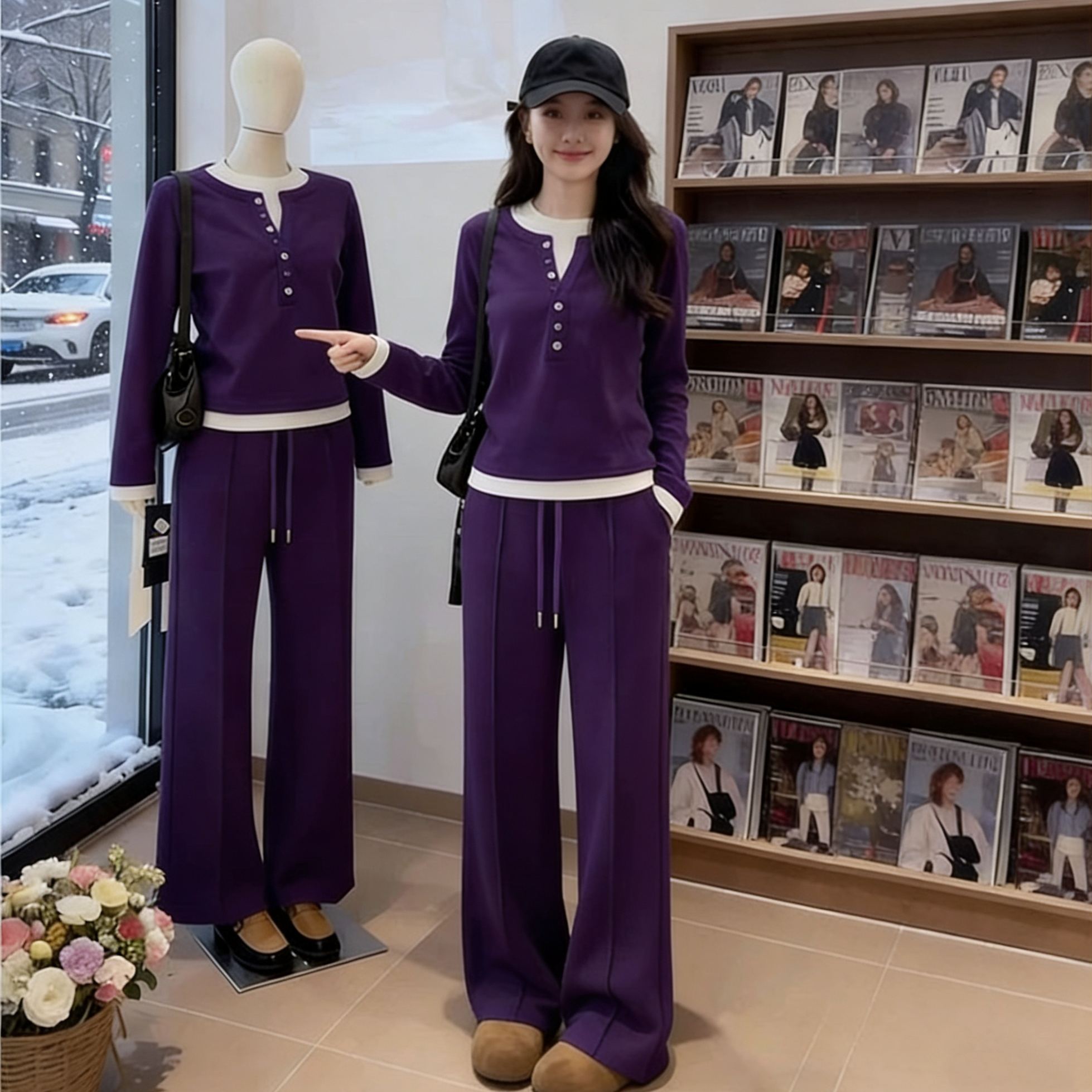 【整套】設計感假兩件長袖T恤+紫色運動褲兩件套