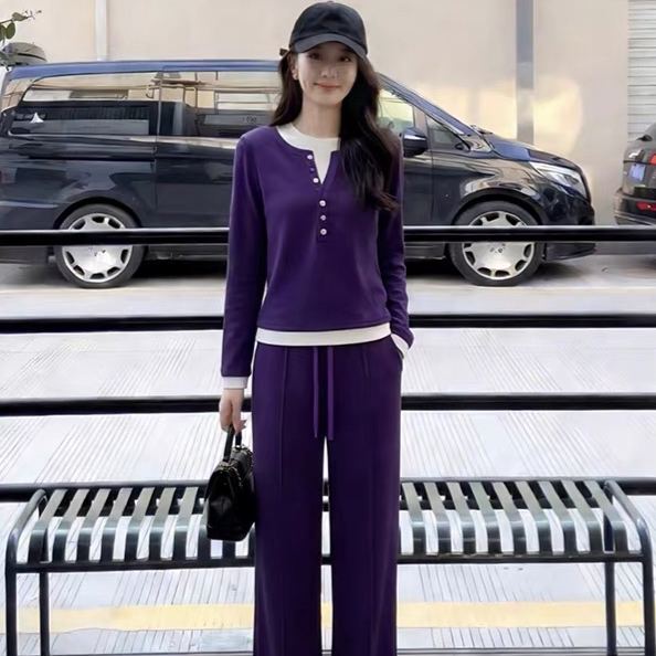 【整套】設計感假兩件長袖T恤+紫色運動褲兩件套