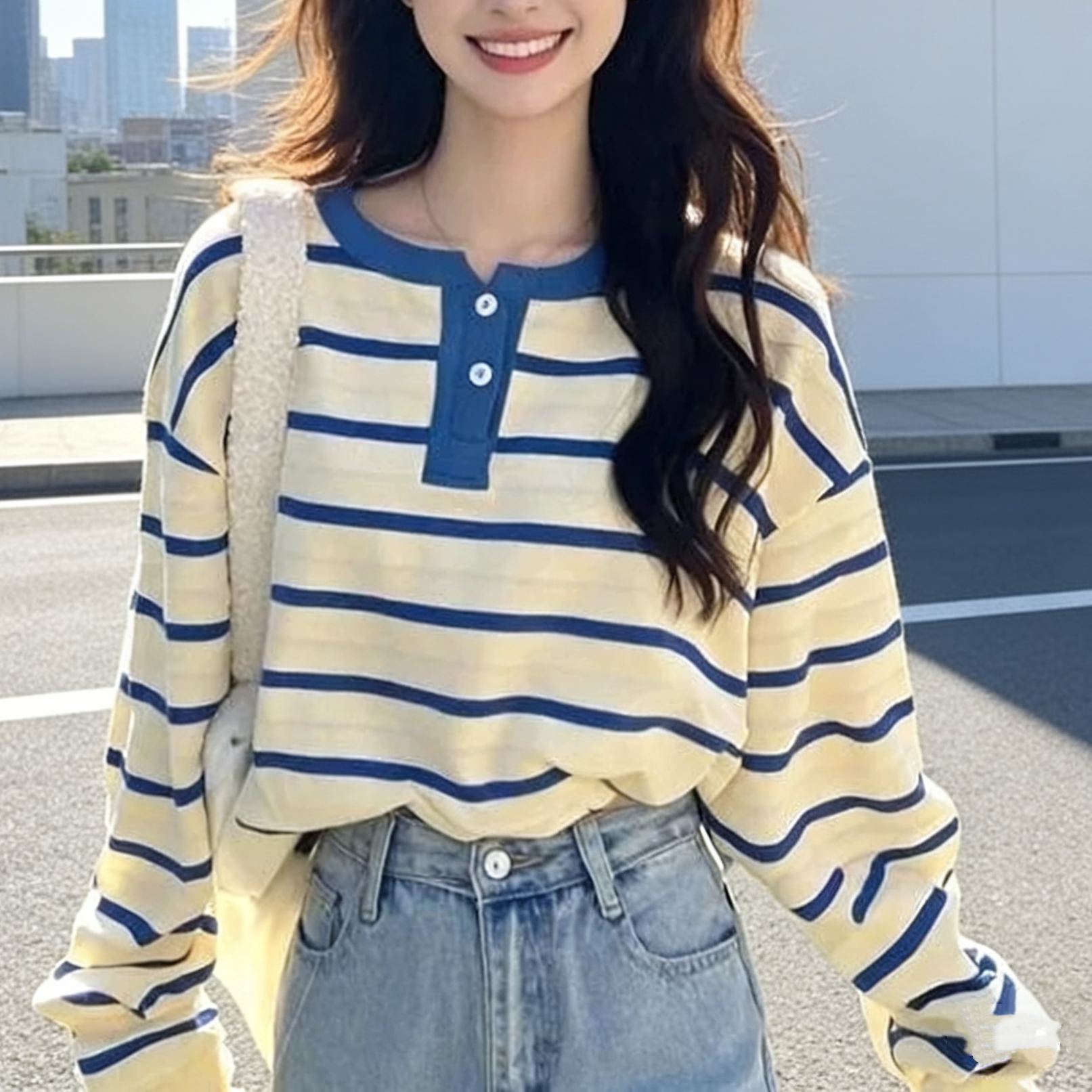 寬鬆半開扣設計感條紋休閒長袖T恤