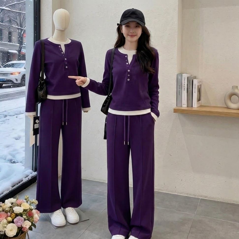 【整套】設計感假兩件長袖T恤+紫色運動褲兩件套